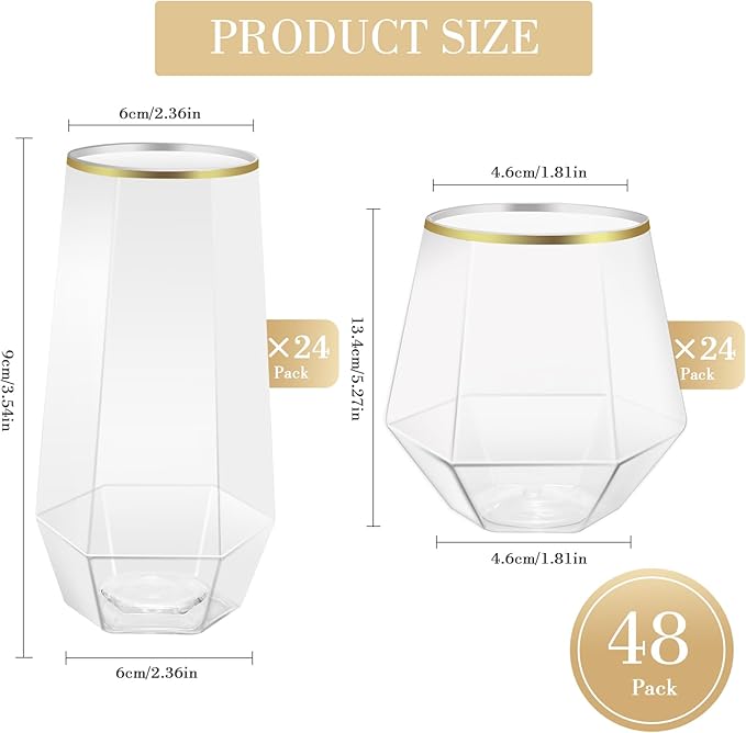 48 Pack Plastic Glasses – 24 x 9oz Stemless Champagne Flutes & 24 x 12oz Stemless Wine Glasses – Elegant Disposable Shatterproof Cup – BPA-Free Drinkware for Weddings, Parties (Gold Rim Diamond)