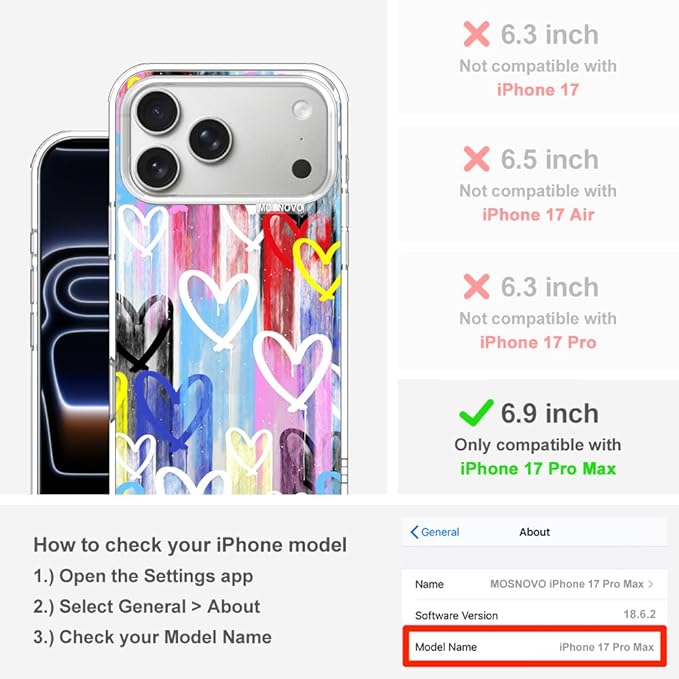 MOSNOVO for iPhone 17 Pro Max Case, Shockproof Military-Grade Protection 6.6ft Drop Tested, Camera Control, Clear Phone Case for iPhone 17 Pro Max, Graffiti Hearts Design