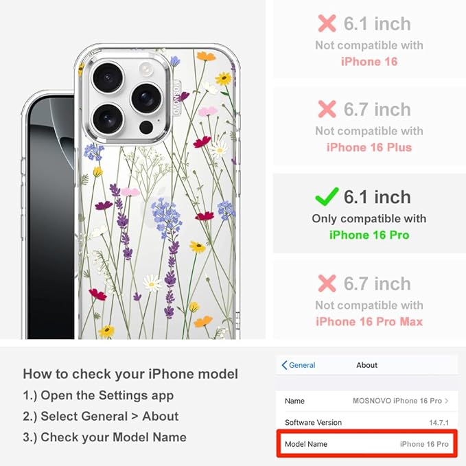 MOSNOVO Case for iPhone 16 Pro, [Buffertech 6.6ft Military-Grade Drop Protection] [Anti Peel Off Tech] Clear TPU Bumper Phone Case Cover Design - Floral Garden