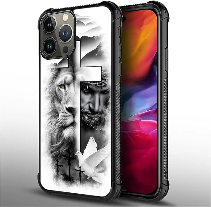 for iPhone 15 Pro Case, Lion Cross Jesus Christ Dove Pattern Graphic Design Girl Boy Soft Silicone Hard Acrylic Shock Protection for iPhone 15 Pro