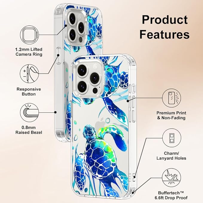 MOSNOVO Case for iPhone 15 Pro Max, [Buffertech 6.6ft Military-Grade Drop Protection] [Anti Peel Off Tech] Clear TPU Bumper Phone Case Cover Design - Sea Turtles