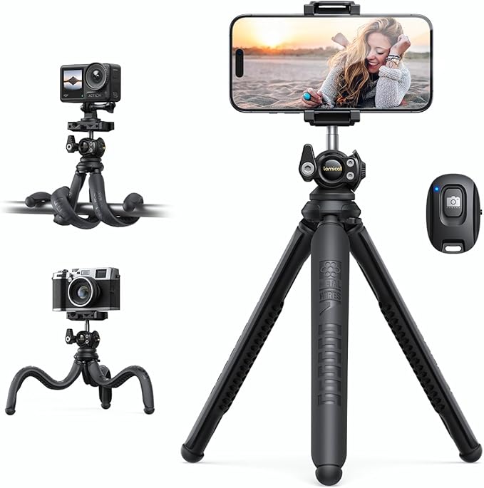 Lamicall Tripod for iPhone - [Ultra-Stable] Aluminium Phone Tripod with Wireless Remote, Mini Flexible Camera Stand Cold Shoe for Video Recording for Pocket 3 iPhone GoPro DSLR Camera Mothers Day