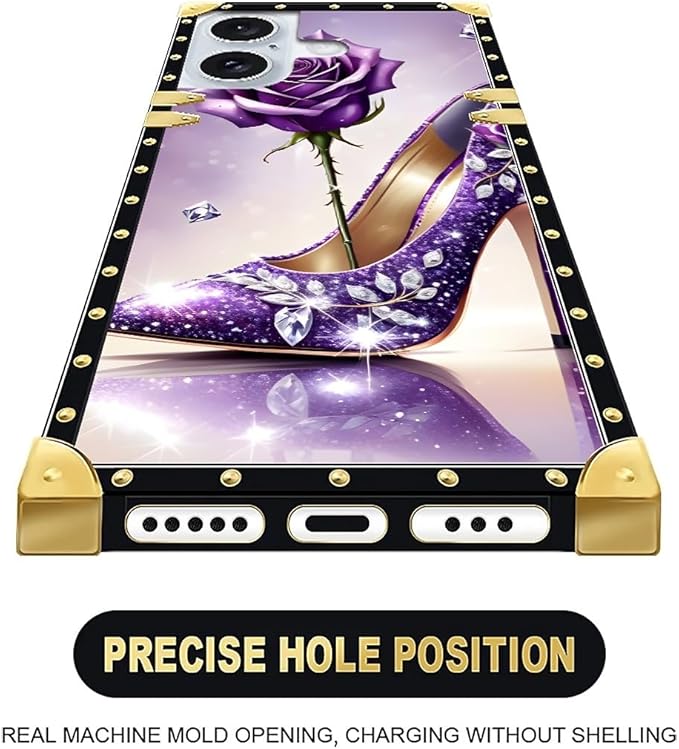 Compatible with iPhone 16 Plus Case, High Heeled Purple Diamond Rose Luxury Golden Decoration for Girl Women Soft TPU Shockproof Protective Hard PC Back for iPhone 16 Plus