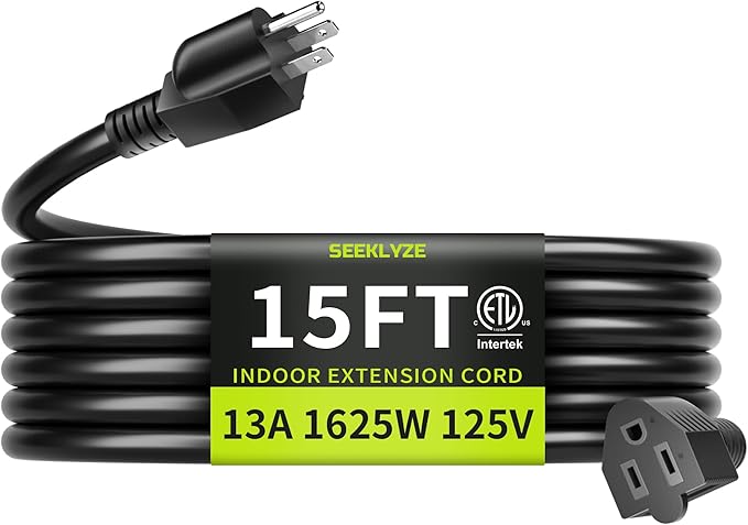 16/3 Black Extension Cord 15 FT Indoor, Short Extension Cord for Laptops, Coffee Makers, Office Home Appliances, 3 Prong Small Resistant Cable Flexible, 13A 125V 1625W ETL Listed