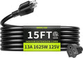 16/3 Black Extension Cord 15 FT Indoor, Short Extension Cord for Laptops, Coffee Makers, Office Home Appliances, 3 Prong Small Resistant Cable Flexible, 13A 125V 1625W ETL Listed