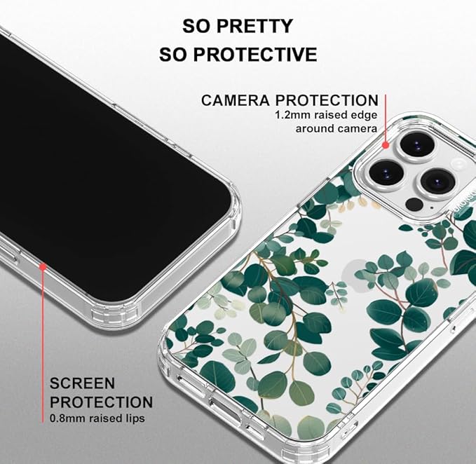 MOSNOVO Case for iPhone 16 Pro, [Buffertech 6.6ft Military-Grade Drop Protection] [Anti Peel Off Tech] Clear TPU Bumper Phone Case Cover Design - Eucalyptus