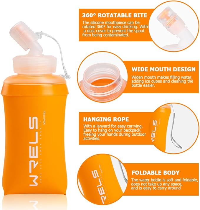 WRELS 350ml/500ml TPU Soft Water Bottles BPA Free Collapsible Soft Flask with Widen Mouth for Running Vest Lightweight Foldable Water Bottle for Running Marathon Trail Hiking