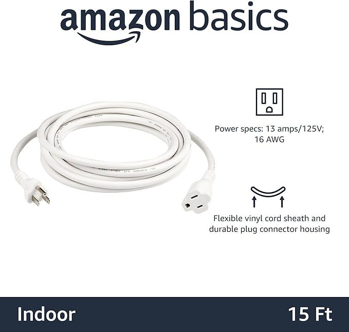 Amazon Basics Indoor Extension Cord, 3 Prong Outlet Extender Power Cord, 13 Amps, 125V, 15 Foot, White, 2-Pack