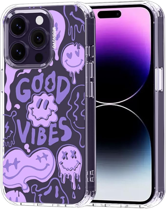 MOSNOVO Case for iPhone 14 Pro, [Buffertech 6.6ft Military-Grade Drop Protection] [Anti Peel Off Tech] Clear TPU Bumper Phone Case Cover Design - Good Vibes