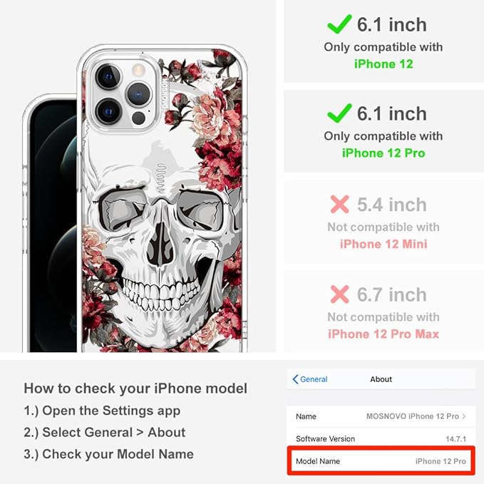 MOSNOVO Case for iPhone 12 & iPhone 12 Pro, [Buffertech 6.6ft Military-Grade Drop Protection] [Anti Peel Off Tech] Clear TPU Bumper Phone Case Cover Design - Red Flower Skull