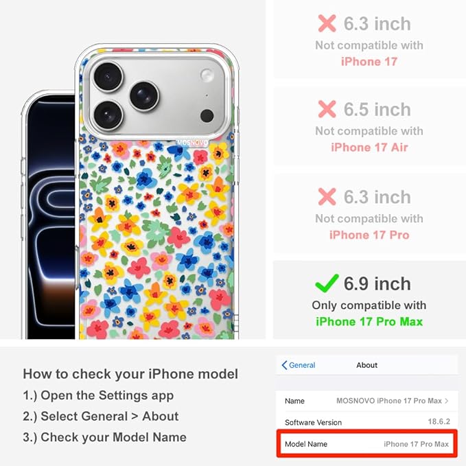MOSNOVO for iPhone 17 Pro Max Case | Military Grade 6.6ft Drop Tested | Camera Control | Clear with Little Flowers Design