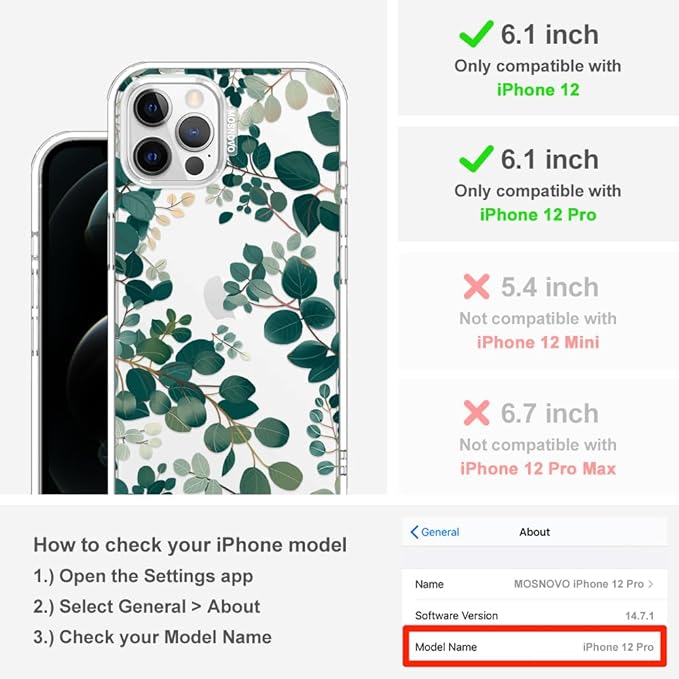 MOSNOVO Case for iPhone 12 & iPhone 12 Pro, [Buffertech 6.6ft Military-Grade Drop Protection] [Anti Peel Off Tech] Clear TPU Bumper Phone Case Cover Design - Eucalyptus