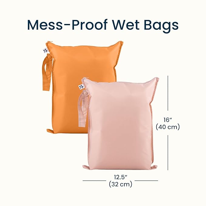 Tiny Twinkle Mess Proof Wet Bags | 2-Pack Reusable Waterproof Wet Bags for Swimsuits | Baby Clothes | Travel & Diaper Bag (Taupe, Dandelion)