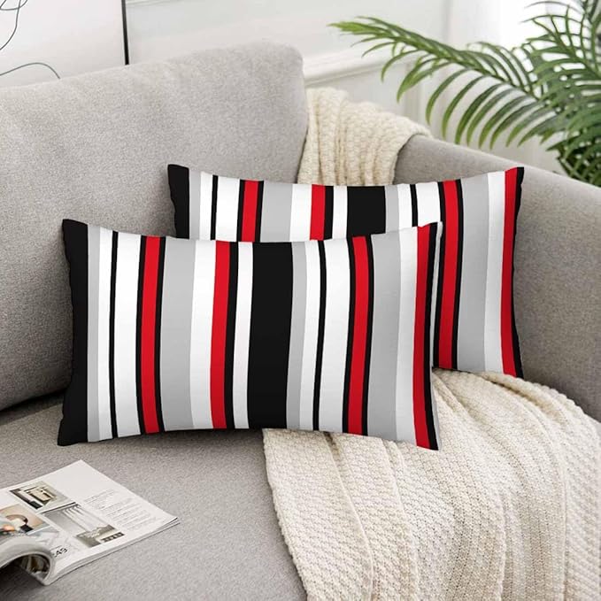 Vertical Lines Striped Pillow Covers 12 X 20 Black White Grey Red Watercolor Set of 2 Pillow Cases Velvet Outdoor Throw Cushion Pillowcases Decorative for Home Bed Sofa Couch Hotel