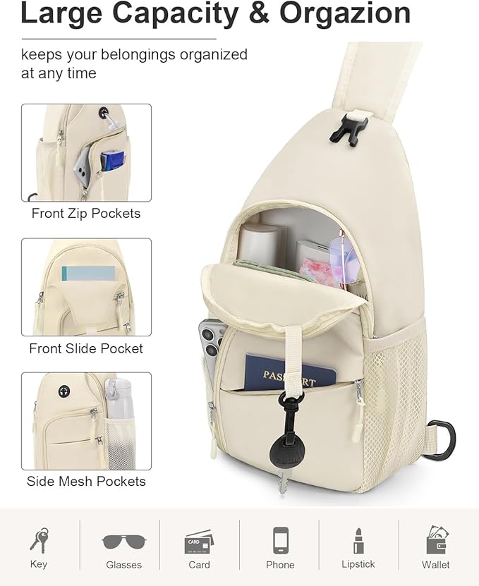 Pritent Crossbody Bags for Women Man Waterproof Sling Bag Backpack Trendy Casual Cross Body Bag with Convertible Shoulder Strap Chest Bag for Camping Hiking Travel Essentials (Ivory, Large)