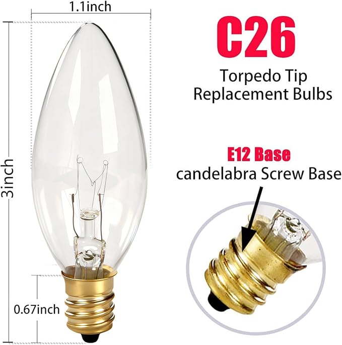 25 Pack Candle Light Bulbs,Crystal Clear Torpedo Tip Candelabra Replacement Bulbs Fit C7/E12 Candelabra Base,7 Watt C26 Replacement Night Light Bulb for Electric Window Candle Lights