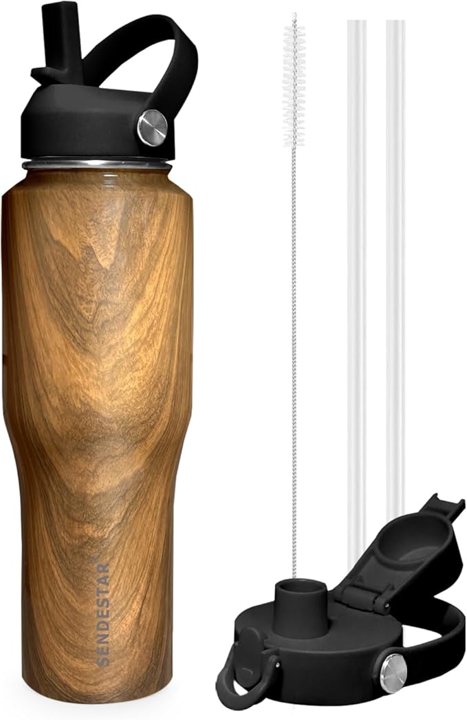 SENDESTAR 40oz Stainless Steel Water Bottle(Cold for 48 Hrs, Hot for 24 Hrs),Double Wall Vacuum Insulated Bottle with Straw Lid, Spout Lid and Flex Cap, Fit in Any Car Cup Holder
