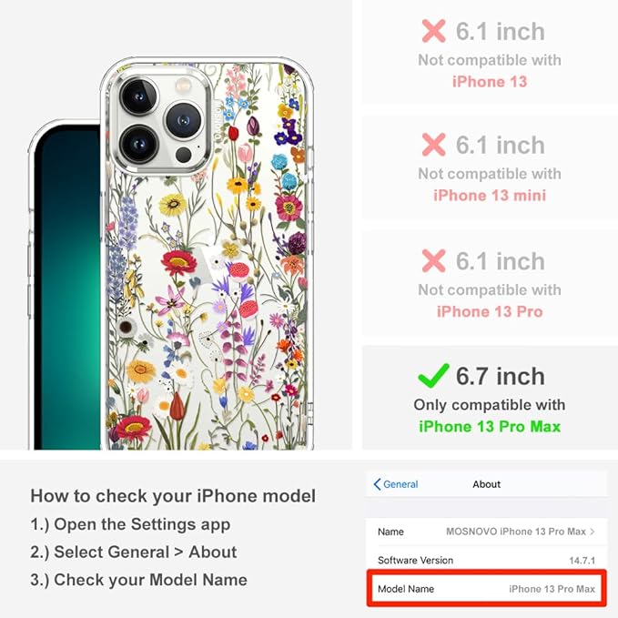MOSNOVO Case for iPhone 13 Pro Max, [Buffertech 6.6ft Military-Grade Drop Protection] [Anti Peel Off Tech] Clear TPU Bumper Phone Case Cover Design - Wildflower Meadow