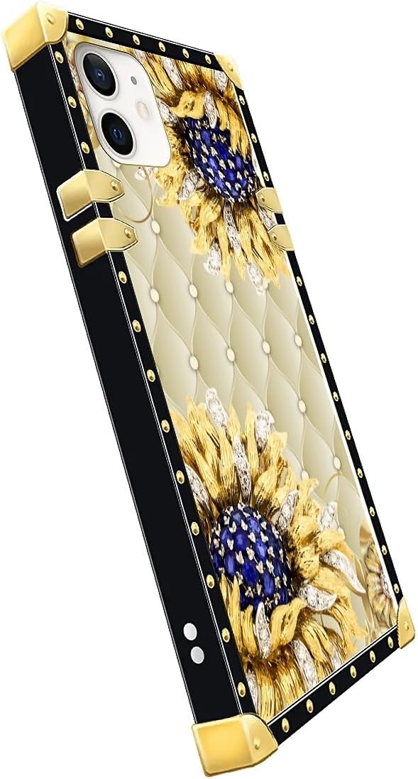 Compatible with iPhone 11 Case, Sunflower Diamonds Leather Luxury Golden Decoration for Girl Women Soft TPU Shockproof Protective Hard PC Back for iPhone 11