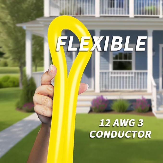 PlugSaf 25ft 12/3 Gauge Outdoor Extension Cord Waterproof with Lighted Indicator, 12 Gauge SJTW Heavy Duty 15Amp 1875W, 3 Prong Cords Flexible Pure Copper Yellow ETL Listed