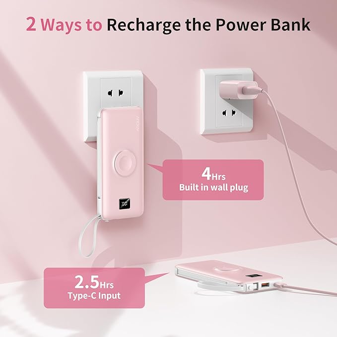 Portable Charger Built-in Cables, AC Wall Plug and Magnetic Wireless iWatch Charger, 10000mAh 22.5W PD Fast Charging Power Bank, Compact Battery Pack Travel Essentials for iPhone/Samsung/Apple Watch