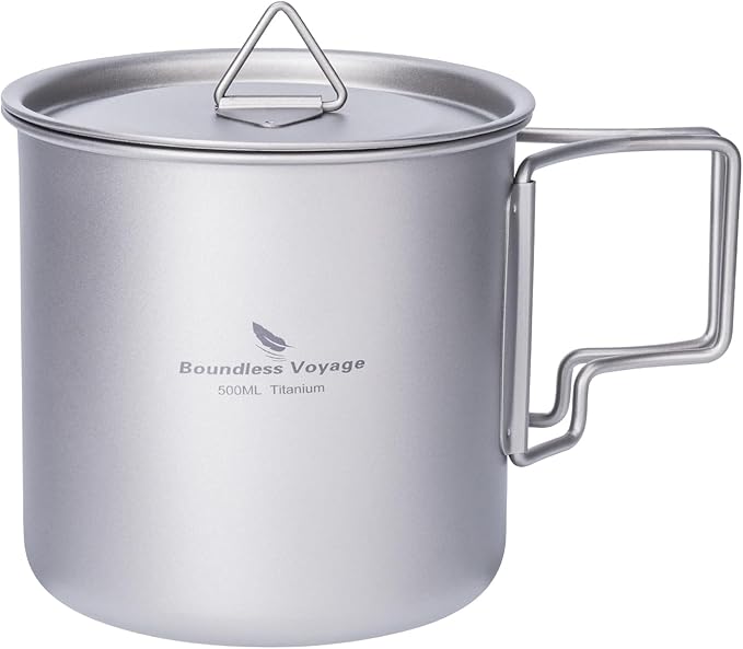 iBasingo 500ml Titanium Cup with Lid Foldable Handle Single-walled Camping Mug Lightweight Portable for Outdoor Drinking Drinkware US-Ti3059D
