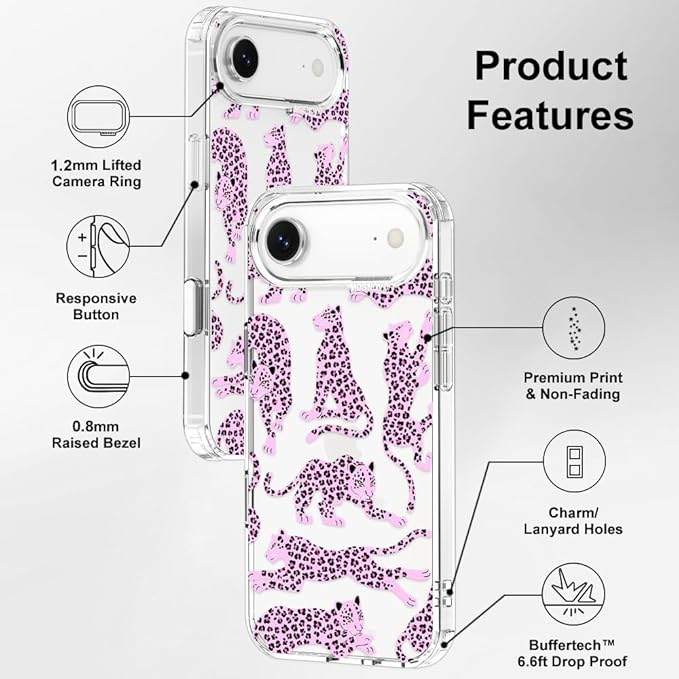 MOSNOVO for iPhone Air Case | Military Grade 6.6ft Drop Tested | Camera Control | Clear with Pink Leopard Design