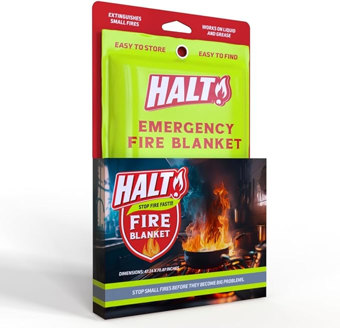 HALT! Emergency Fire Blanket - Rapid Fire Suppression for Home, Kitchen, Car & Camping |Lightweight, No Mess, Safe Reusable & Never Expires (Single Pack)