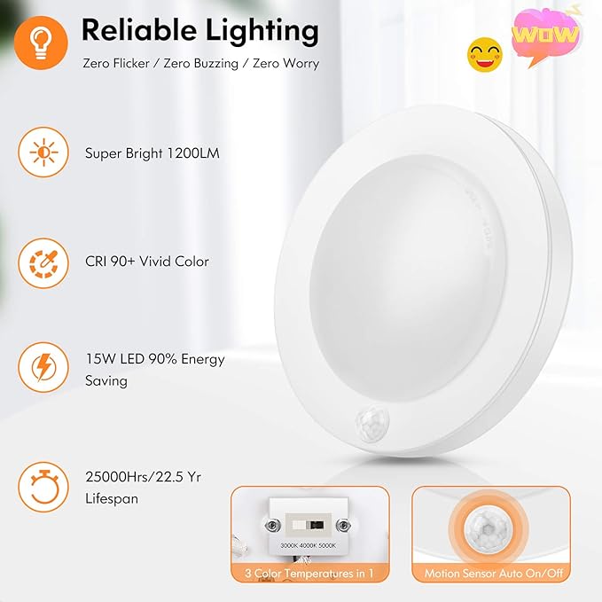 Motion Sensor LED Ceiling Light, 15W(100W Equivalent) & 1200LM, 3 Colors in 1(3000K/4000K/5000K), 7.5inch Flush Mount Lighting Fixture for Doorway, Stairway, Corridor, Pack of 2, Non-Dimmable, White
