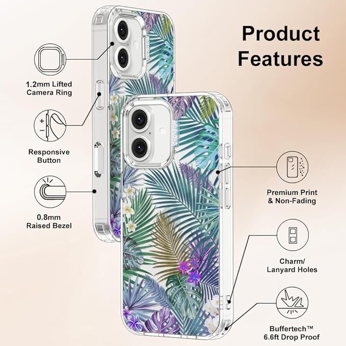 MOSNOVO Case for iPhone 16, [Buffertech 6.6ft Military-Grade Drop Protection] [Anti Peel Off Tech] Clear TPU Bumper Phone Case Cover Design - Tropical Rainforests