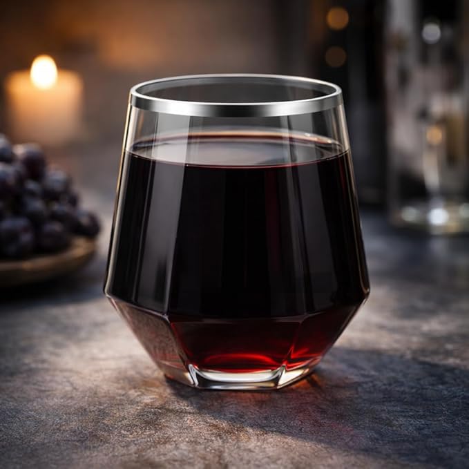 Oojami 40 Pack 12 oz Diamond Stemless Plastic Wine Glasses, Silver Rim Disposable Cups, Shatterproof BPA-Free Recyclable Drinkware for Wedding, Birthday Party, Cocktail
