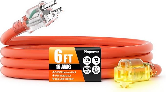 6 FT Outdoor Extension Cord Waterproof, 16/3 Gauge Heavy Duty 3 Prong Power Cord with Lighted Indicator End, 13A 125V 1625W SJTW, ETL Listed, Great for Lawn/Garden/Home(Oragne)