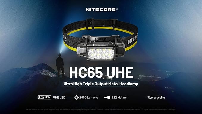 Nitecore HC65 UHE Headlamp, 2000 Lumen Max Heavy Duty Metal, USB-C Rechargeable with White, Red, and Reading Lights for Camping, Hiking, Hunting, and Industrial Works (Black)