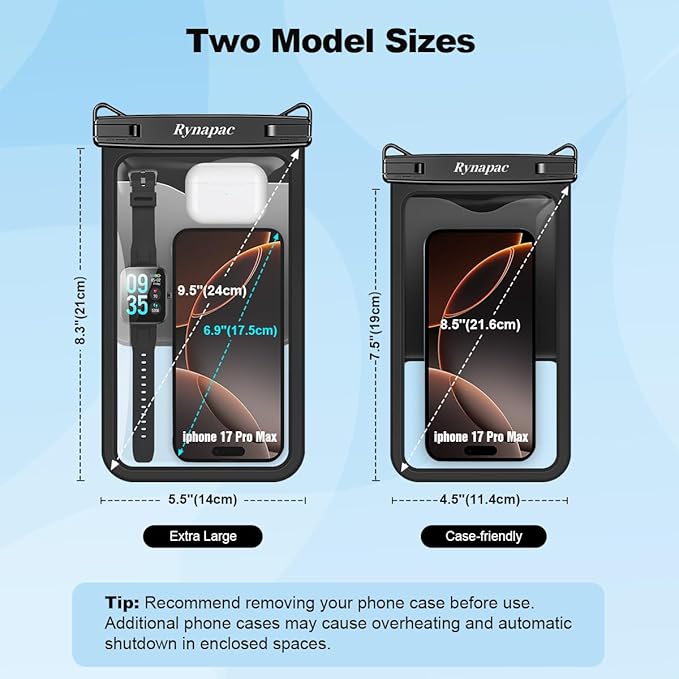 Rynapac [Up to 8.5" Waterproof Phone Pouch - 2 Pack IPX8 Waterproof Phone Case for iPhone 17 16 15 14 Pro Max Galaxy S26 Ultra, Touchscreen & Underwater Photography, Beach Cruise Travel Essentials