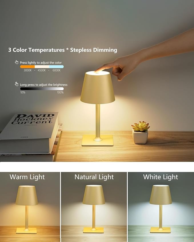 Fizrice Cordless Table Lamp, 6000mAh Battery Operated, 250LM Adjustable Brightness IP65 Height Adjustable - Set of 2 Gold Wireless Lamps for Restaurant Patio Bedside Outdoor Cafe & Home Decor
