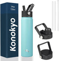 Konokyo Insulated Water Bottle 24oz Stainless Steel Sport Bottles with 3 Lids,Turquoise