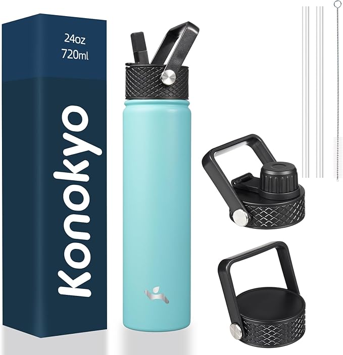 Konokyo Insulated Water Bottle 24oz Stainless Steel Sport Bottles with 3 Lids,Turquoise