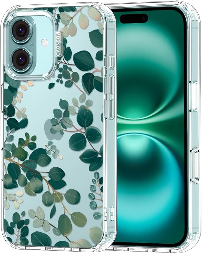 MOSNOVO Case for iPhone 16 Plus, [Buffertech 6.6ft Military-Grade Drop Protection] [Anti Peel Off Tech] Clear TPU Bumper Phone Case Cover Design - Eucalyptus