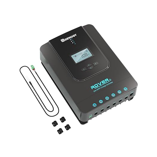 Renogy Solar Charge Controller Rover 20A 12V24V Auto DC Input MPPT Charge Controllers for Solar Panels Adjustable LCD for Gel Sealed Flooded Lithium Batteries