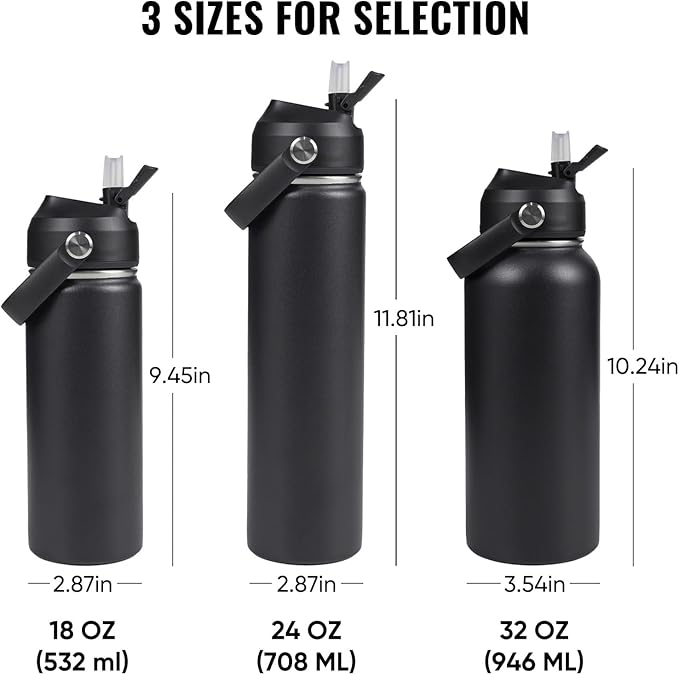 Fijinhom 24oz Insulated Stainless Steel Water Bottle, Wide Mouth Double Wall Vacuum, Silicone Straw, Sweat & Leak Proof, BPA Free Insulated Water Flask for Travel, Keep Cold 24h Hot 12h, Black
