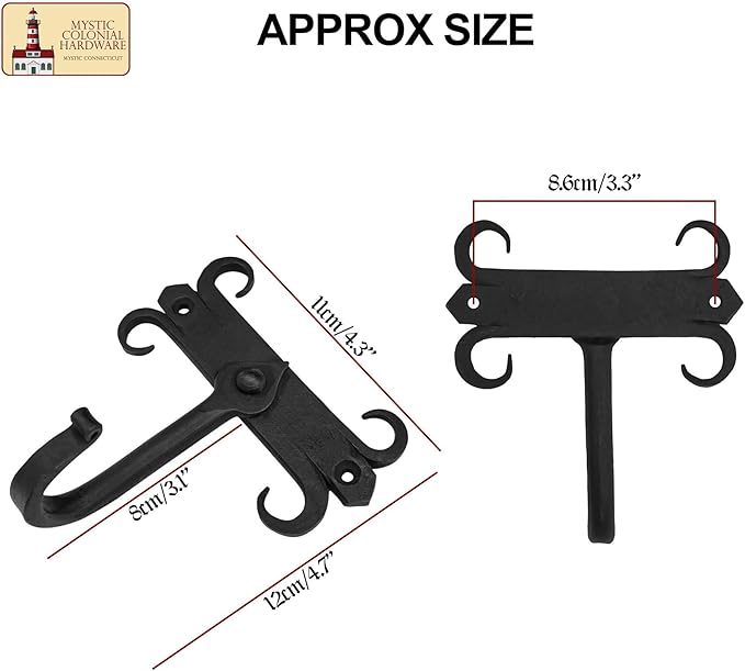 Mystic Colonial Rustic Cast Iron Wall Hooks, Heavy Duty Retro Utility Hooks for Hanging Coat, Bag, Towel, Robe, Hat and More, Mounting Hardware Included, Pack of 10