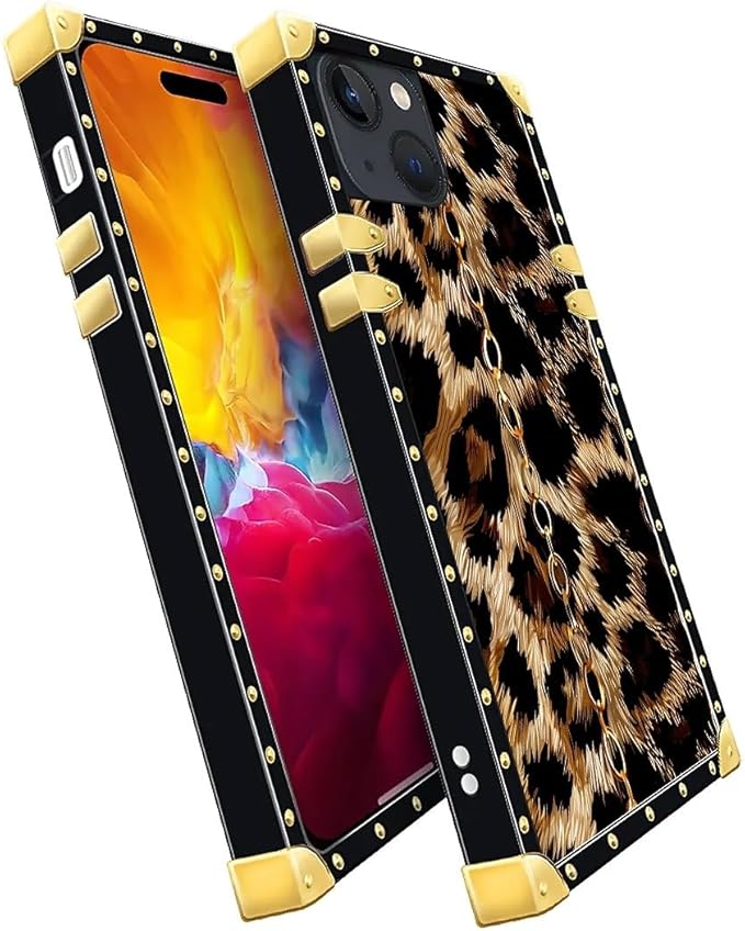Compatible with iPhone 15 Case, Seamless Gold Chain Leopard Luxury Golden Decoration for Girl Women Soft TPU Shockproof Protective Hard PC Back for iPhone 15