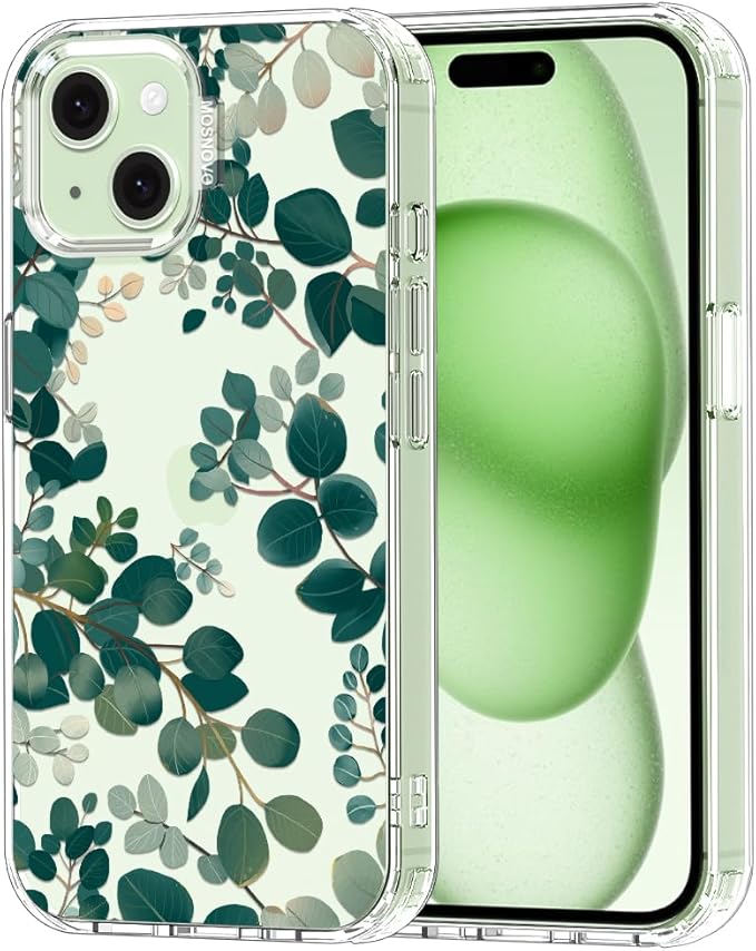 MOSNOVO Case for iPhone 15 Plus/iPhone 14 Plus, [Buffertech 6.6ft Military-Grade Drop Protection] [Anti Peel Off Tech] Clear TPU Bumper Phone Case Cover Design - Eucalyptus