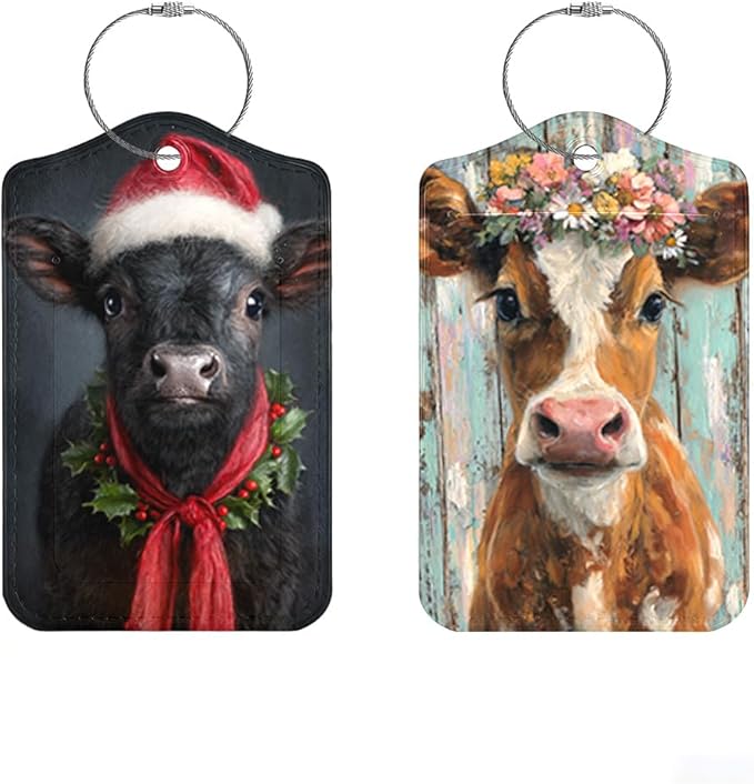2 Pack Cute Cow Luggage Tags, Floral Cattle & Highland Cow ID Tags with Privacy Cover, PU Leather Bag Identifiers, Spring & Summer Vacation Essentials, Mother's Day