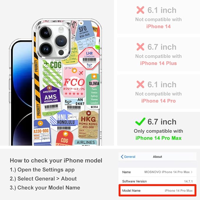 MOSNOVO Case for iPhone 14 Pro Max, [Buffertech 6.6ft Military-Grade Drop Protection] [Anti Peel Off Tech] Clear TPU Bumper Phone Case Cover Design - Air Ticket Labels