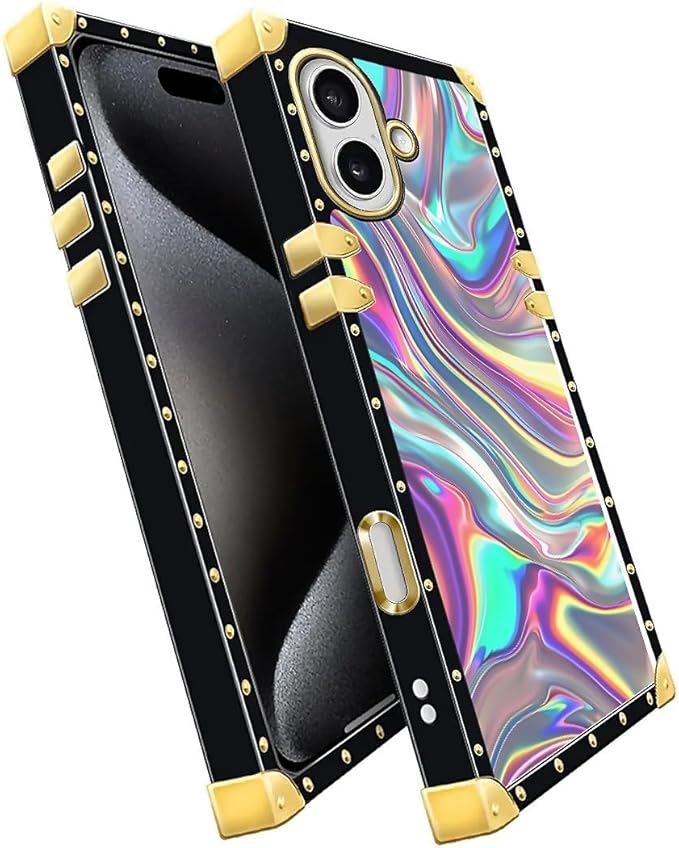 for iPhone 17 Case Luxury Golden Decoration for Girl Women Soft TPU Shockproof Protective Hard PC Back for iPhone 17 Crazy Pattern Holographic Abstract Iridescent Textures