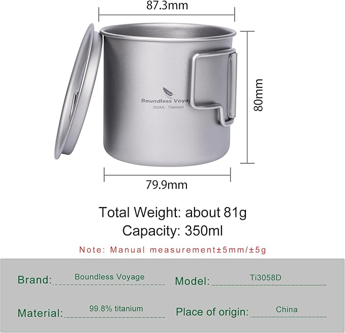 iBasingo 350ml Titanium Cup with Lid Foldable Handle Single-walled Camping Mug Lightweight Portable for Outdoor Drinking Drinkware US-Ti3058D