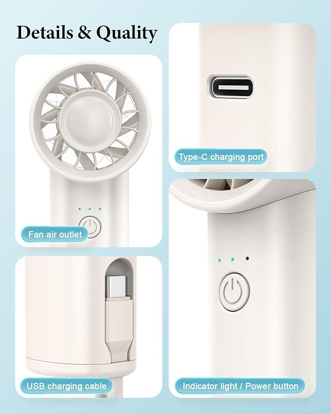 Portable Handheld Fan with Power Bank(High-Speed),3 IN 1 USB Rechargeable Mini Personal Fan with Flashlight,Small Size for Outdoor/Travel/Beach/Concerts/Summer.Gifts for Girl,Women. White