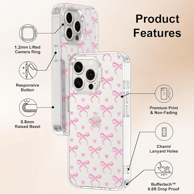 MOSNOVO Case for iPhone 15 Pro Max, [Buffertech 6.6ft Military-Grade Drop Protection] [Anti Peel Off Tech] Clear TPU Bumper Phone Case Cover Design - Bowtiful Love