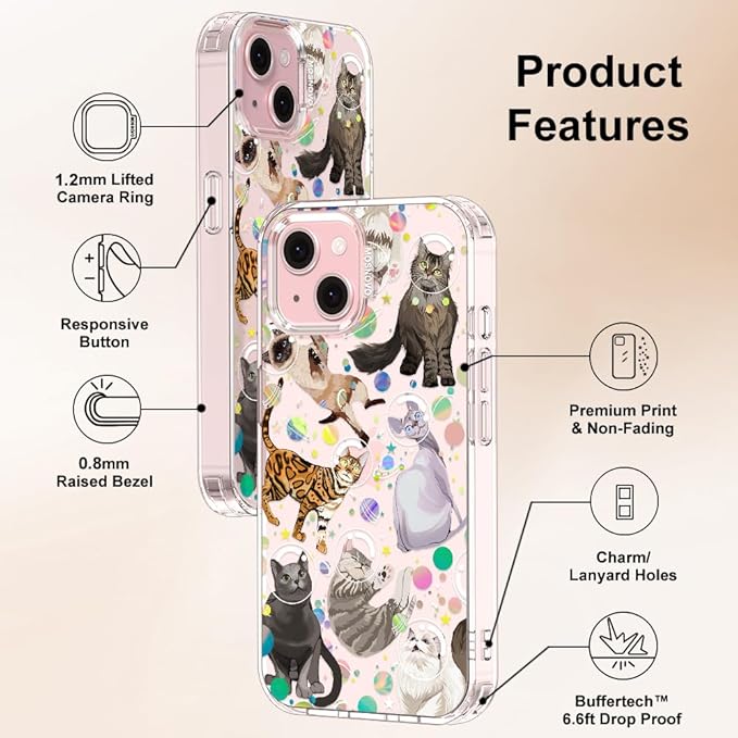 MOSNOVO Case for iPhone 15, [Buffertech 6.6ft Military-Grade Drop Protection] [Anti Peel Off Tech] Clear TPU Bumper Phone Case Cover Design - Space Cat